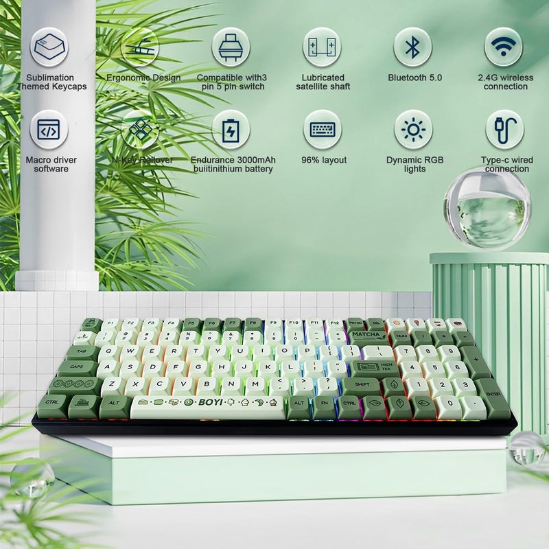 Boyi TK96 Full Size Wireless RGB Mechanical Keyboard,BT5.0/2.4Ghz/Type-C Wired Hot Swap Gasket 4000mAh Rechargeable Matcha Green XDA PBT Keycaps Gaming Keyboard with Gateron Yellow Switch - Image 3